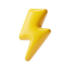 3d lightning flash bolt icon isolated on transparent background. Cartoon plastic style icon