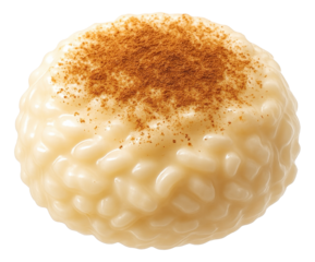 A creamy rice pudding dessert sprinkled with a generous amount of cinnamon on transparent background.