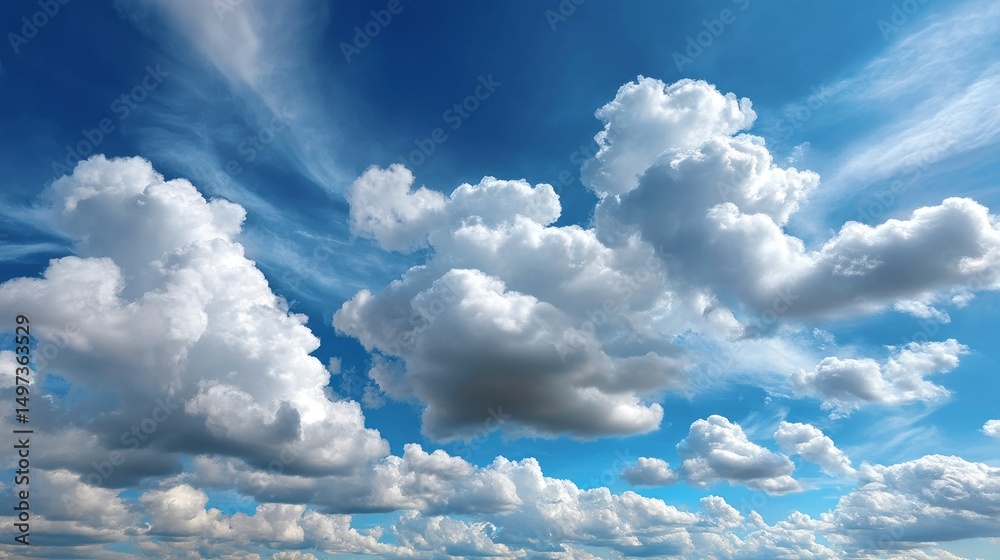 Poster A vast blue sky is filled with dynamic white clouds that float gently, creating a tranquil and inviting environment perfect for outdoor activities and relaxation.
