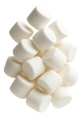 A group of fluffy white marshmallows piled together on transparent background.