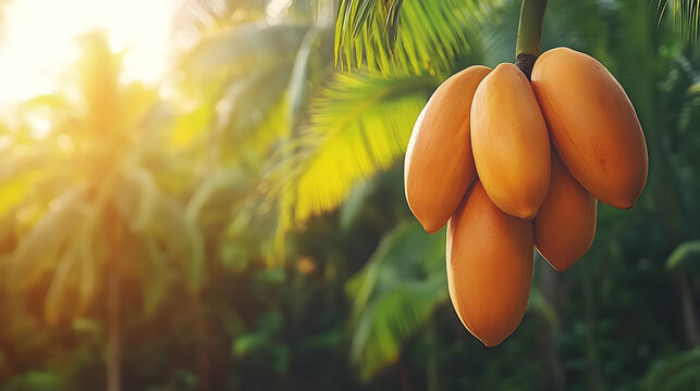 Ripe orange bacuri fruits hanging on a tree branch in a lush tropical palm forest at sunset.  Vibrant colors and warm sunlight.