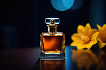 A bottle of perfume sits on a table