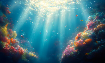 Sunlight pierces ocean surface, illuminating coral reefs teeming with small fish. Aquatic dreamscape
