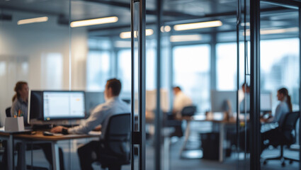 Modern Office Space Blurred Image of Professionals Working in a Contemporary Office Environment