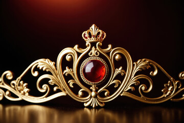 A golden crown with a red gemstone at its center