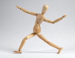 Wooden art figure captures a sense of motion with outstretched limbs and a striking posture.