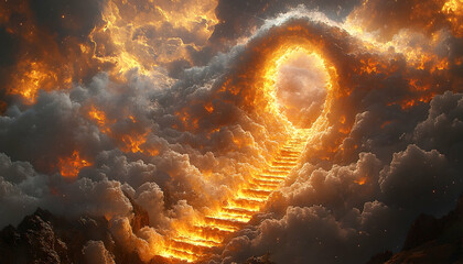 Surreal scene stairway to fiery portal surrounded by clouds and shadowy land below, warm glow