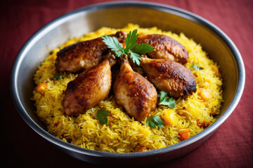 A simple meal consisting of a bowl filled with rice topped with cooked meat, perfect for a quick snack or lunch