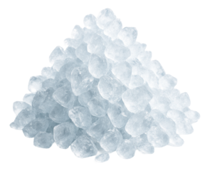 Pile of translucent ice crystals arranged in a pyramid shape on transparent background.