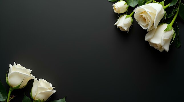 rose, condolence, invitation, flowerFresh, white roses on black, dark background. Condolence card. 