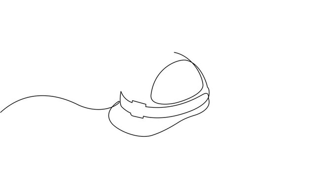 Animation of one single line drawing of safety helmet for safe work, Construction equipment single vector editable line. Construction concept. Animation on white background. 4K.