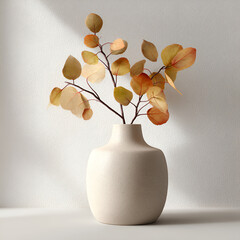 Ceramic vase holds delicate branch with autumnal colored leaves against a textured wall backdrop.