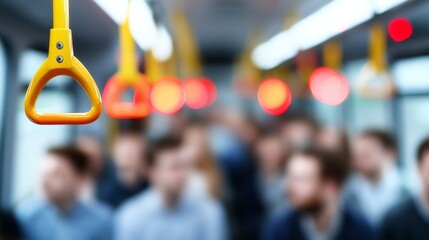 Yellow hand strap hanging from the ceiling of a crowded bus or train with blurred passengers in the background