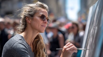 A street artist, focused and determined, creates portraits in a lively urban environment filled with spectators. The festival atmosphere is vibrant, with sunlight illuminating her artwork.