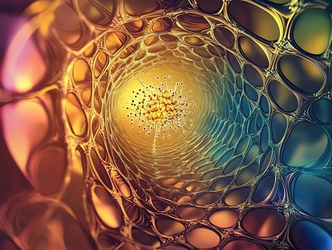 Light particles in neon harmony in the waveguides of a photonic quantum processor, seen from inside.