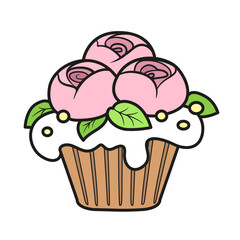 Biscuit cupcake with whipped cream and cream flowers on a white background