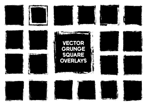 Set of black vector grunge square overlays and frames. Distressed, rough-edged shapes for creating vintage, urban, or edgy effects in designs and photos.
