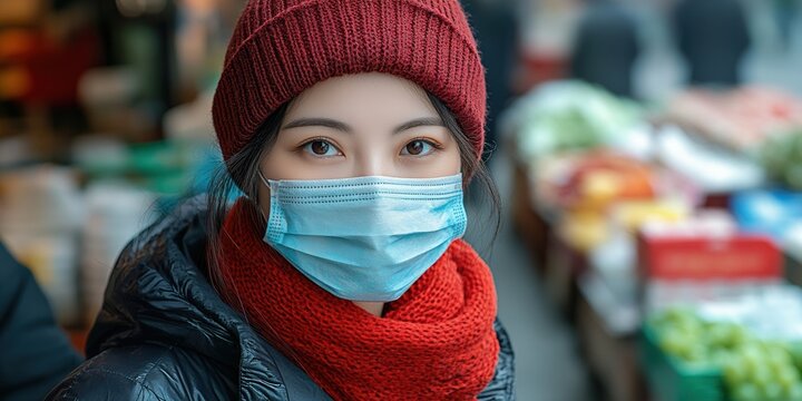 Young woman wearing a face mask and warm clothing in a bustling market during daytime, surrounded by fresh produce and shoppers