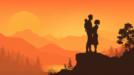 Fototapeta premium Family silhouette at sunset mountain view