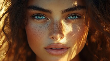 Fototapeta premium Close-up portrait of a woman with captivating blue eyes and curly hair lit by warm sunlight during golden hour
