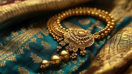 Ornate Gold Necklace on Teal Silk