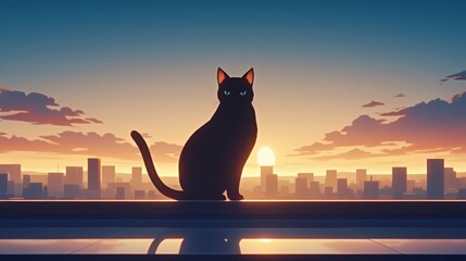 Japanese anime scene, A silhouette of a cat against a vibrant sunset skyline, blending nature and urban life in a serene moment.