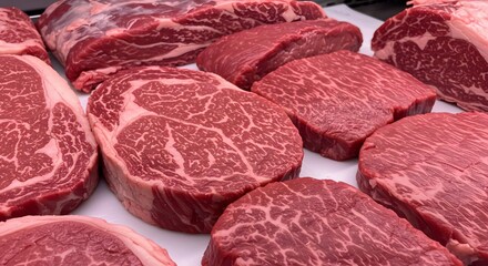 Obraz premium Raw Lean Beef Cuts Displayed in Butcher Shop With Accurate Marbling and Clear Lighting