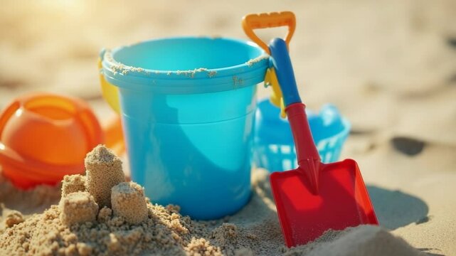 Colorful beach toys blue bucket and red shovel in sand. Sandcastle building fun on summer beach with kids plastic toys. Perfect beach scene for summer vacation video.