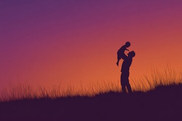 Father and son silhouette sunset meadow