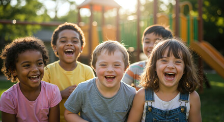 Diverse children laughing together at playground. Group with Down syndrome boy and different ethnicities enjoying outdoors. Inclusion concept. Friendship diversity. Childhood happiness.