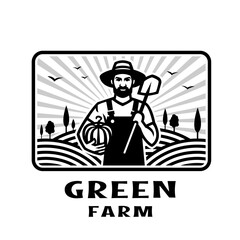 Farmer with a shovel and a pumpkin in his hands against the background of a farm.