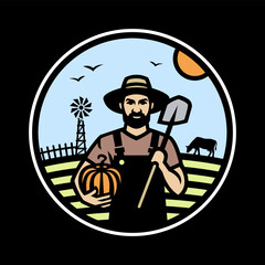 Farmer with a shovel and a pumpkin in his hands against the background of a farm on a dark background.