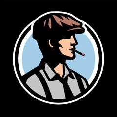 Silhouette of a man in a cap smoking a cigarette on a dark background.