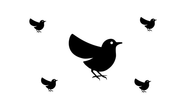 Zoom in and out animation the bird symbol. Large black symbol in the center and four small symbols around. Seamless looped 4k animation on white background