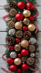 Elegant christmas decoration with red and gold ornaments pine cones
