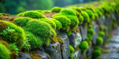 Lush green moss growing on a damp stone wall, organic matter, plant growth,  organic matter, plant growth