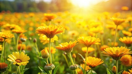 A sunny field with a lush carpet of bright yellow calendula flowers swaying gently in the breeze, meadow