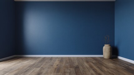 Contemplative interior of a blue room with vase and wooden flooring