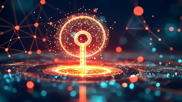 Digital key symbolizing cybersecurity and data protection amidst a vibrant, tech-inspired background