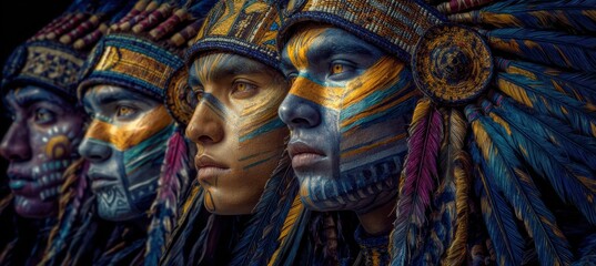 Obraz premium Indigenous performers in vibrant ceremonial attire and face paint