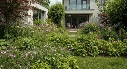 Flowering garden with stone pathway leading to modern house terrace. Natural landscape design, cottage garden. Biodiversity, native plant integration. Residential outdoor space, environmental harmony