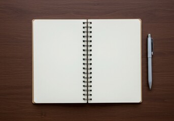 Open notebook mockup with pen on brown background for notes, planning, and journaling purposes