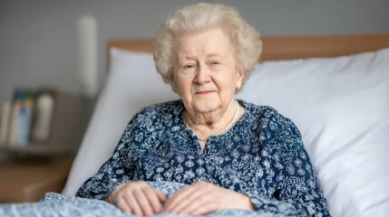 Elderly woman with white hair sitting on a bed in a cozy bedroom setting