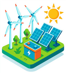 3D solar panel and wind turbine with battery backup isolated on white background