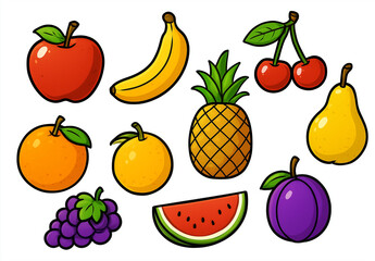Cartoon fruits isolated on white background representing fun healthy food concept for kids nutrition education and playful learning illustration
