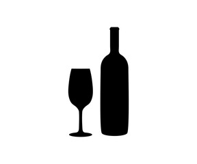 Wine bottle with wine glass silhouette icon. Minimalist wine bottle and glass icon illustration on transparent background. 