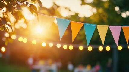 Colorful lights pennants, string evening illuminating backyard celebration during warm triangle sunset golden