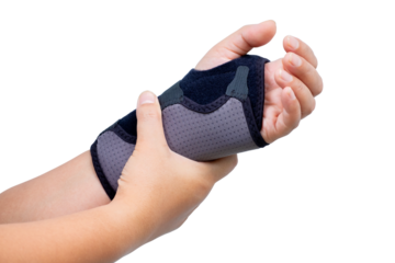 Wrist wearing a wrist support brace for injury recovery or pain relief. Orthopedic healthcare concept,Wrist inflammation, physiotherapy, rehabilitation treatment. isolated on transparent background
