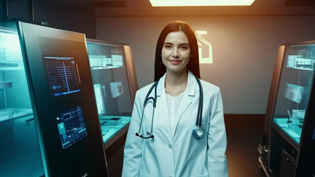 Portrait of mature family doctor female asian warming up on surface with statoscope standing in hospital corridor. Medical technology and healthcare business concept.