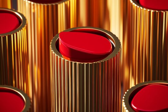 Vibrant red button on golden cylindrical surface - Powered by Adobe